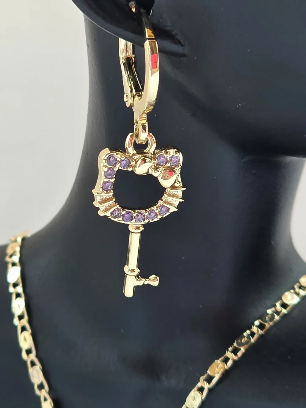 3-Piece 18K Gold Plated Hello Kitty Key Necklace & Earrings Jewelry Set (NWT)